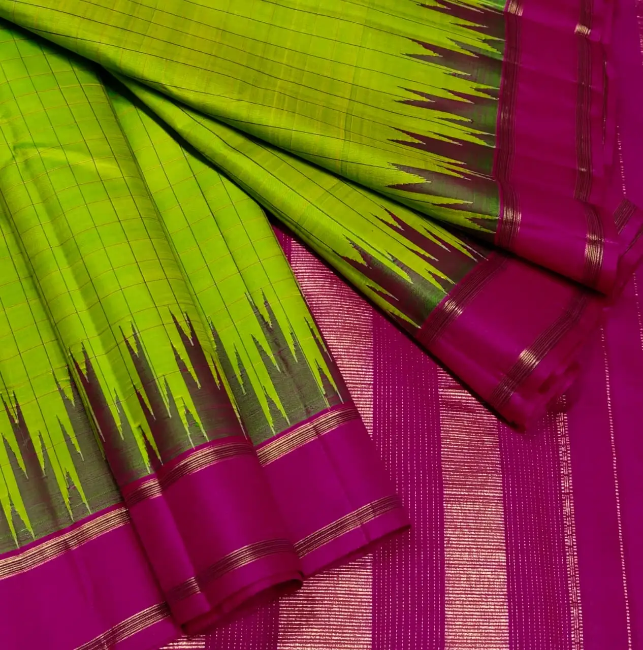 Classic Parrot Green Silk Saree with Contrast Pink Zari Border Design
